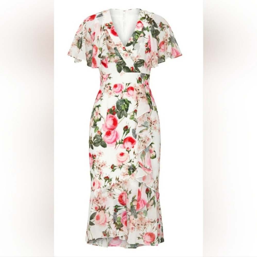 Adrianna Pappel Designer RTR White Floral Flutter Sleeve Dress 8R